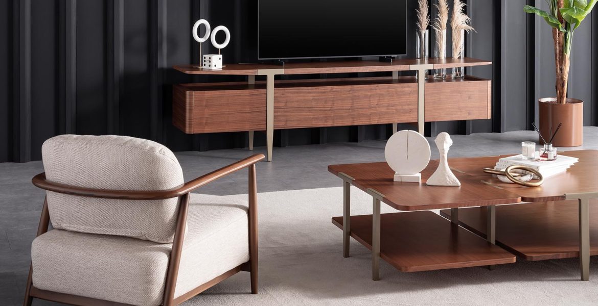 Loop Custom TV Console arranged in living room.