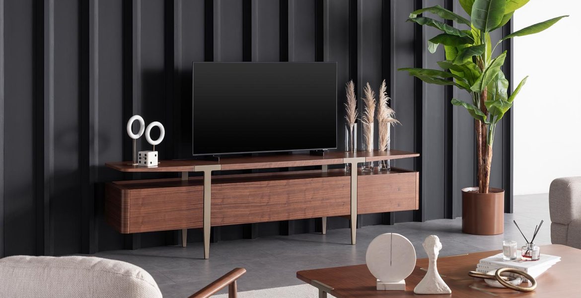 TV stand with integrated storage compartments.