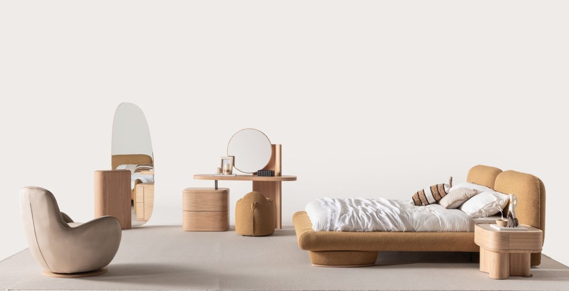 Contemporary bed with soft curves.