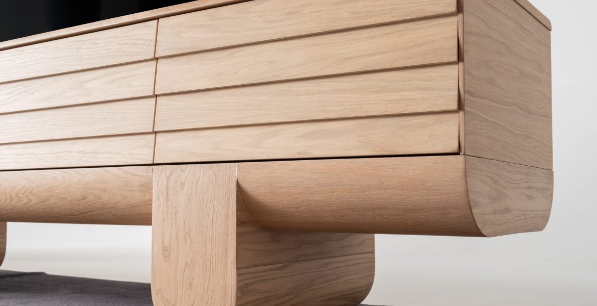 Wooden modern TV unit with open shelves.