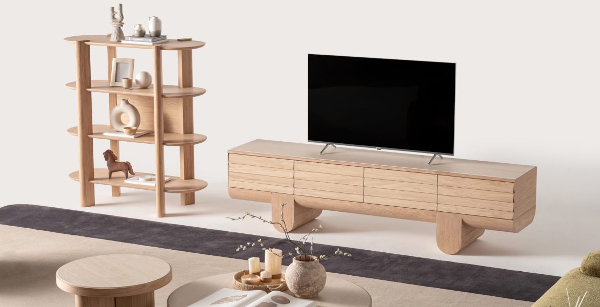 Floating shelves with decorative accents.