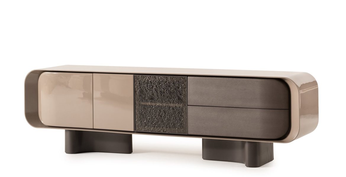 Textured central panels on beige dining room furniture sideboard.
