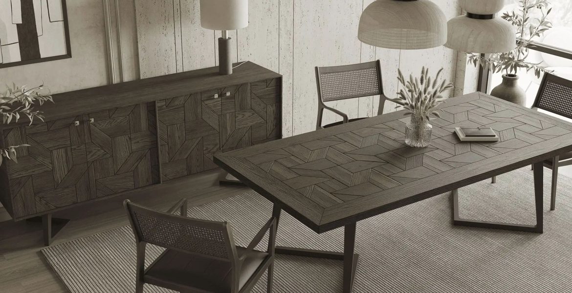 Wooden dining table with geometric metal base.