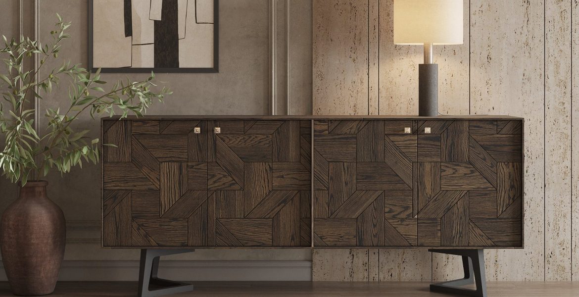Modern dining room furniture chairs with woven backs.