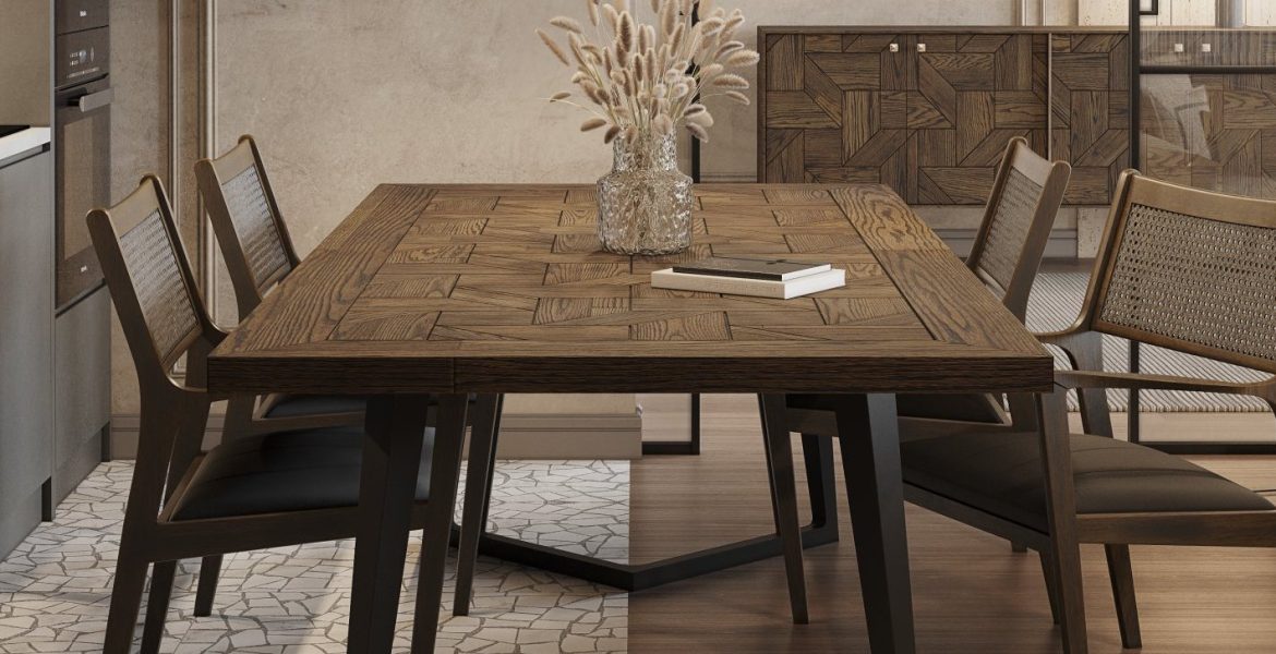 Woven‑back dining chairs with wooden frames.