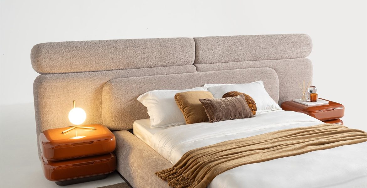 Glossy orange nightstands with curved edges