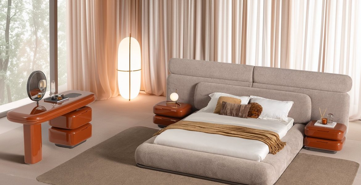 Soft upholstered bed with structured edges.