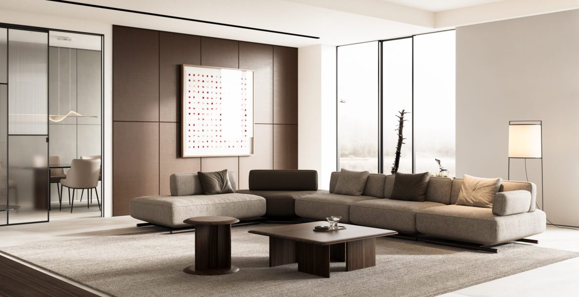 Modern sofa with soft cushions and curved edges.