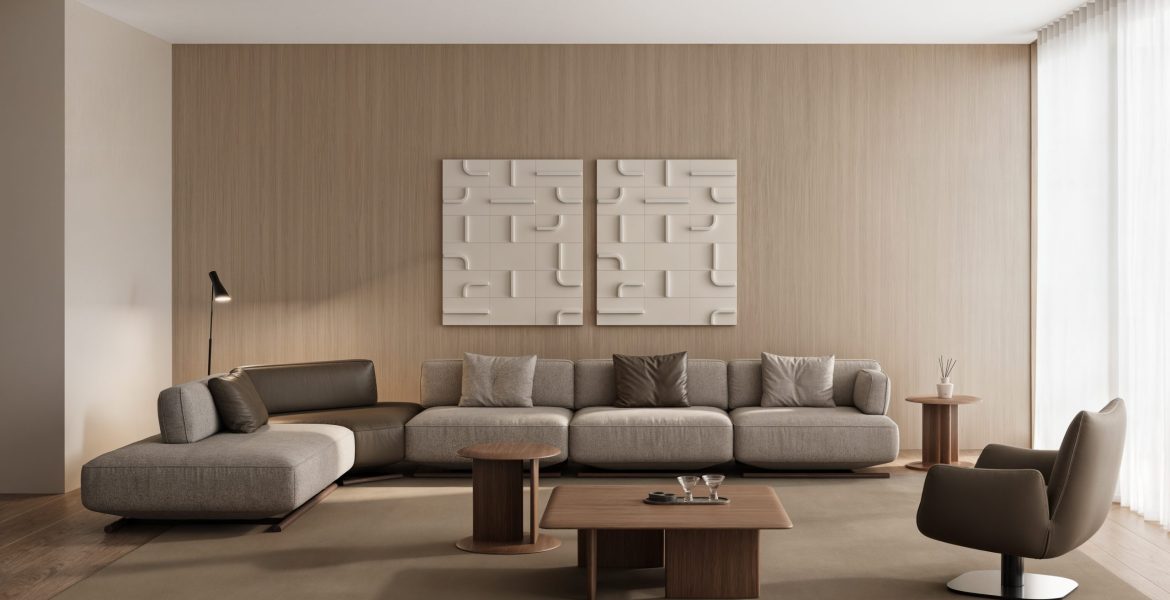 Mila Living Room Furniture set with neutral tones.