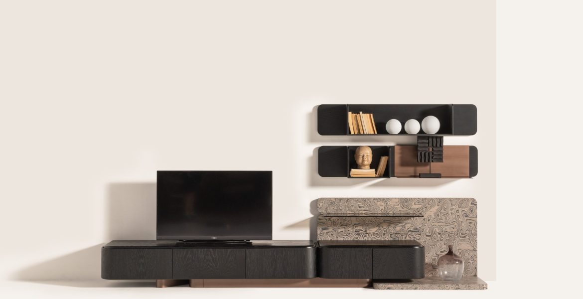 Floating shelves with decorative accents.