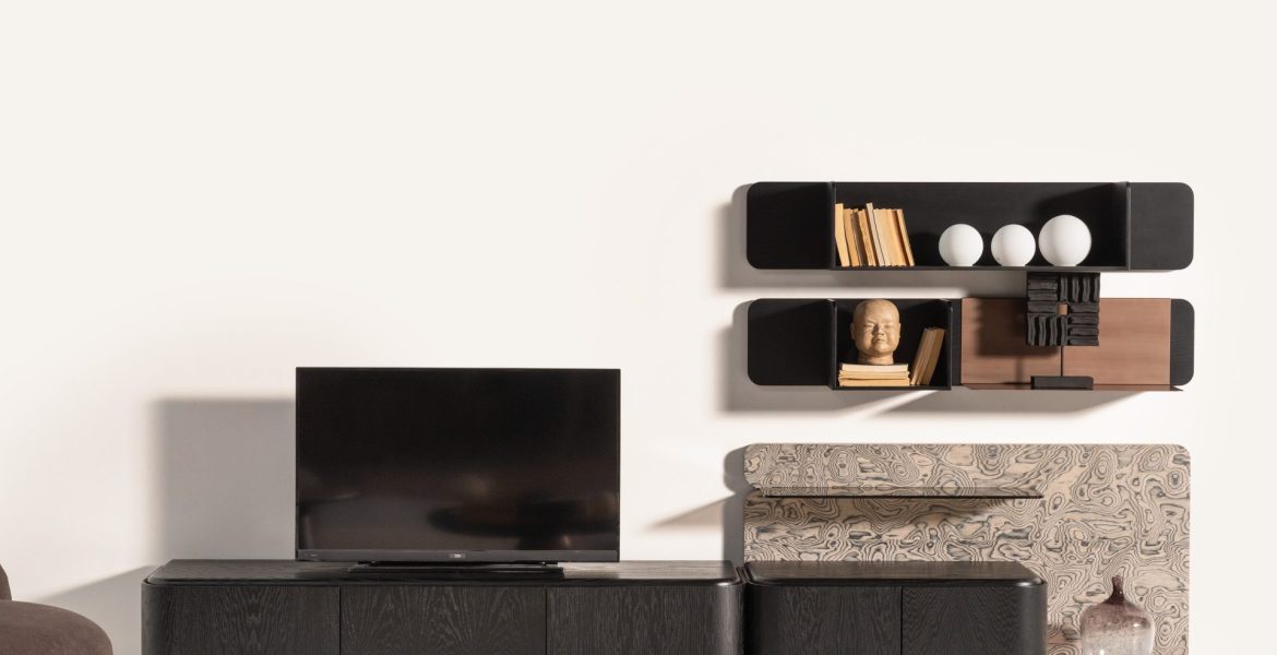 Black modern TV unit with floating shelves.