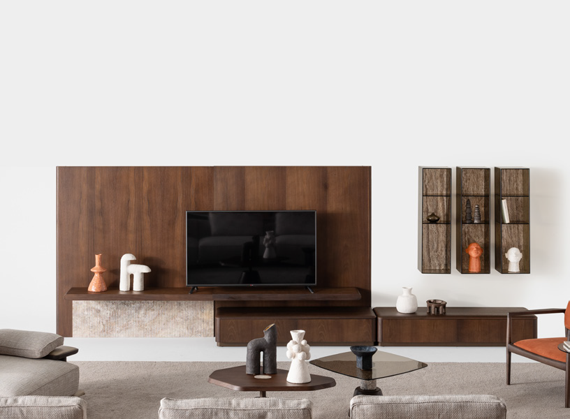 TV stand with integrated shelving system.