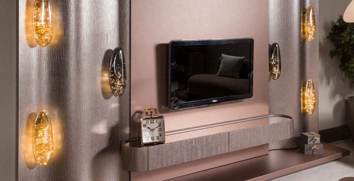 Patara Luxury TV Unit featuring shelves and storage.