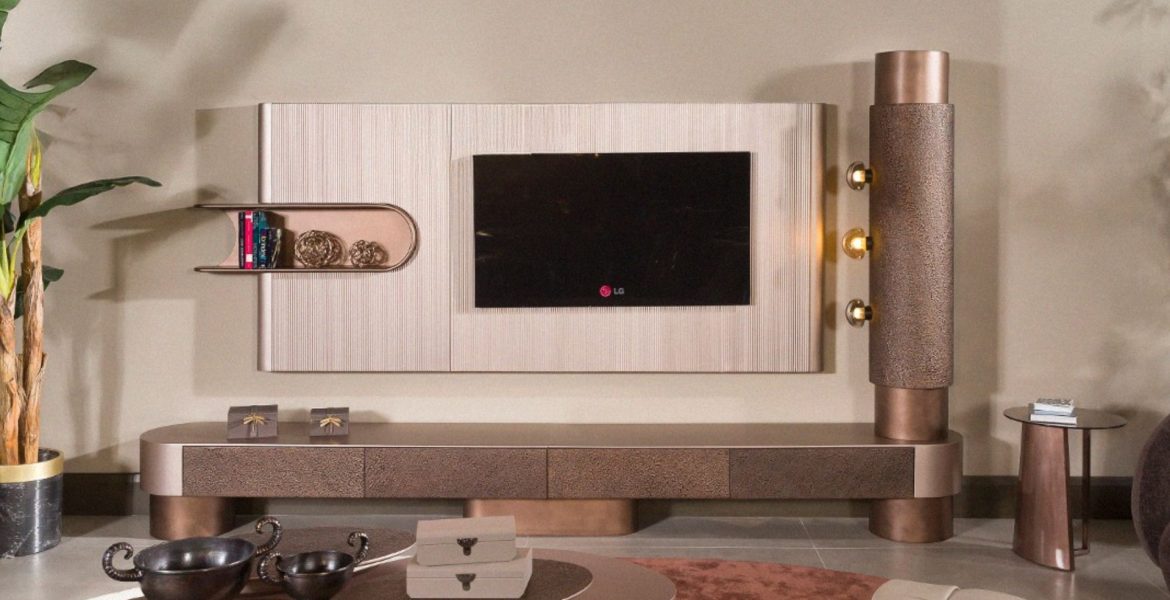 Patara Luxury TV Unit featuring shelves and storage.