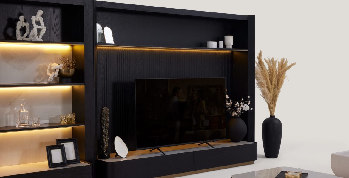 Petra Best Tv Stand featuring shelves and storage.