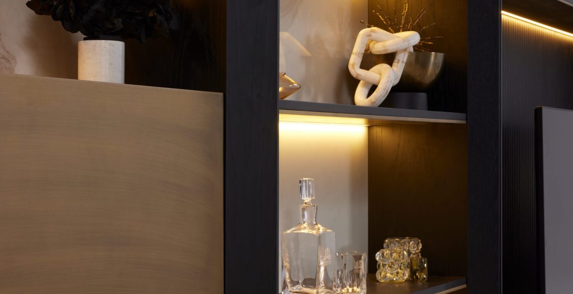 Contemporary TV cabinet with marble accents.