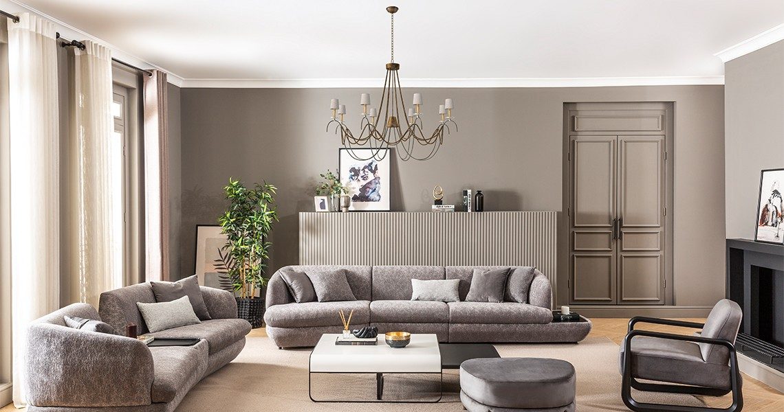 Piedra Living Room Furniture Sofa set with neutral tones.
