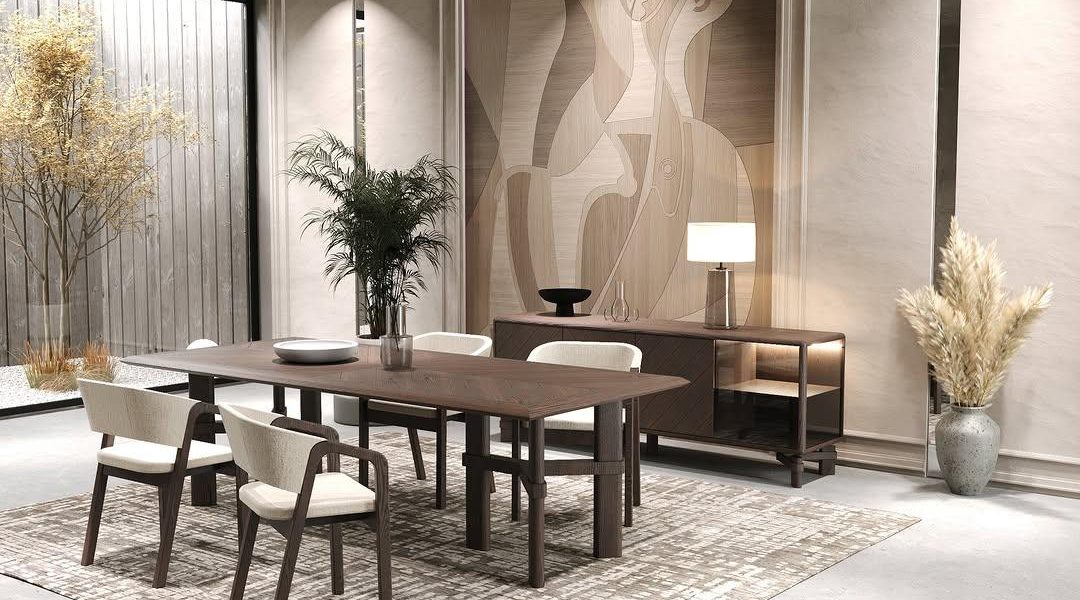 Smoked Dining Room Furniture featuring table and sideboard.