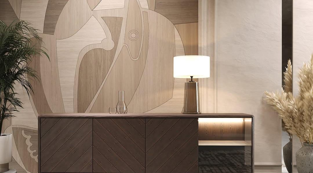 Wooden dining table and matching sideboard.