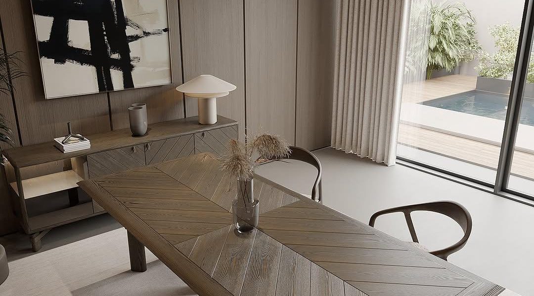 Contemporary dining table with minimalist design.