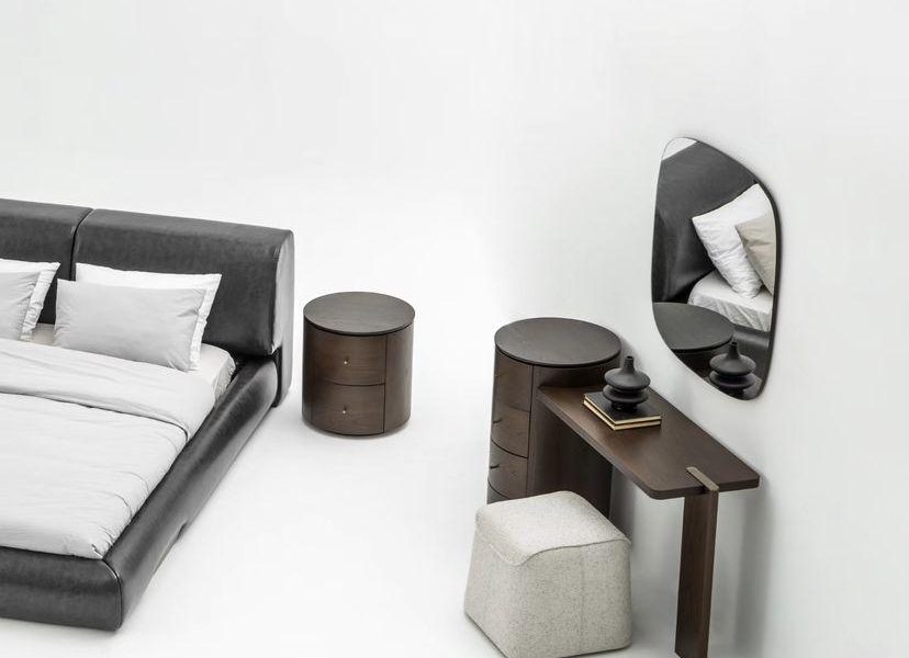 Leather upholstered bed with low profile design