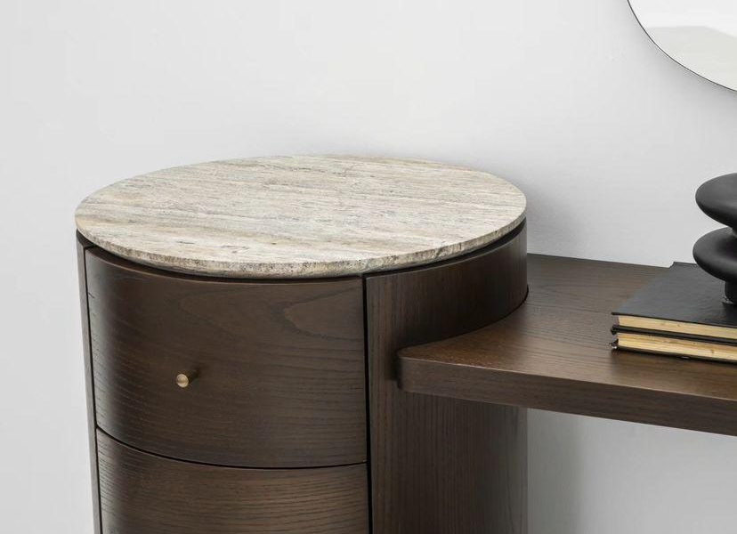 Upholstered bed with smooth leather finish.