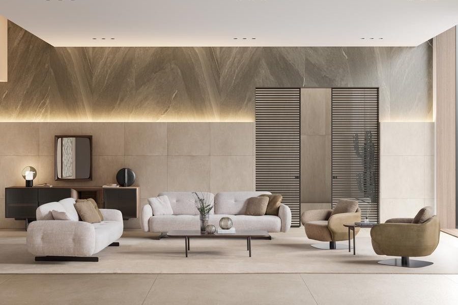 Modern sofa paired with minimalist coffee table.