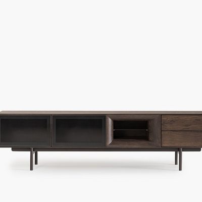 TV stand with integrated storage compartments.