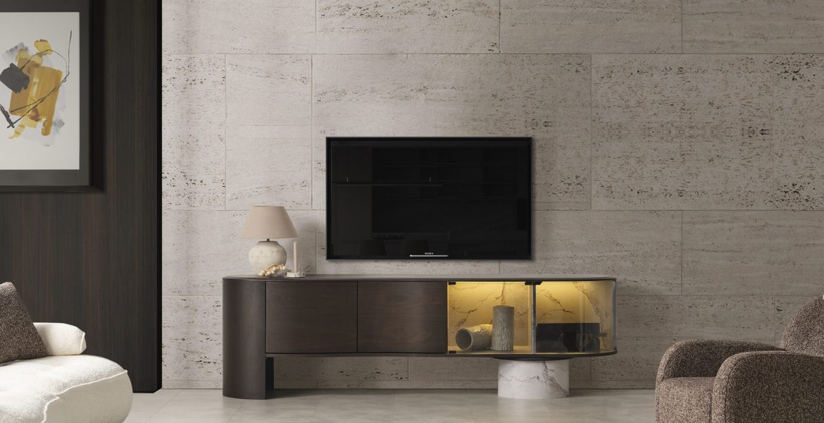 TV stand with marble and glass accents.