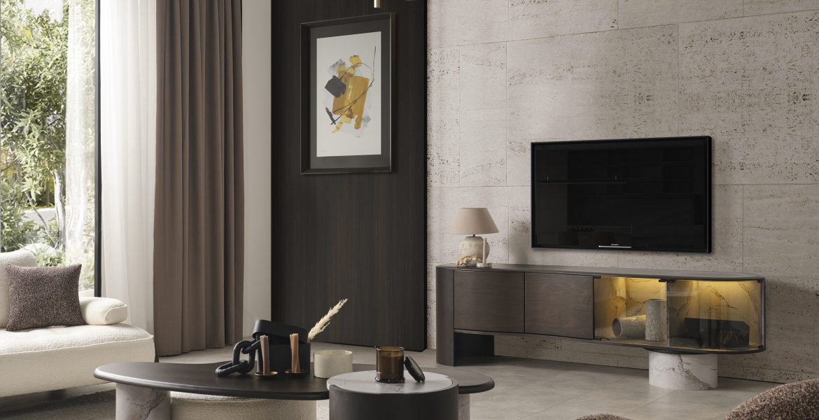 Tesla Modern TV Unit featuring shelves and storage.