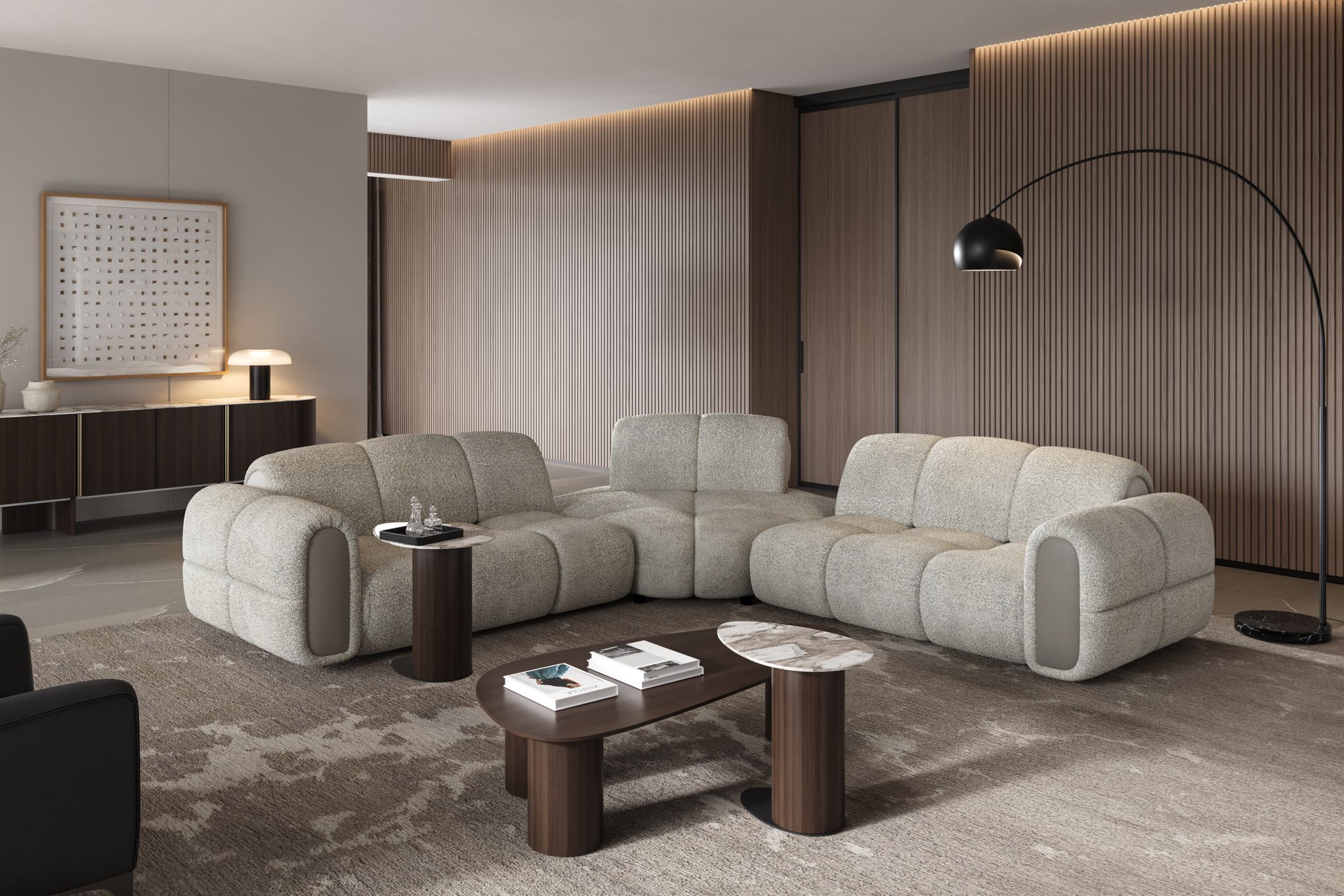 Buma Living Room Corner Sofa Set Furniture featuring corner sofa and coffee tables.