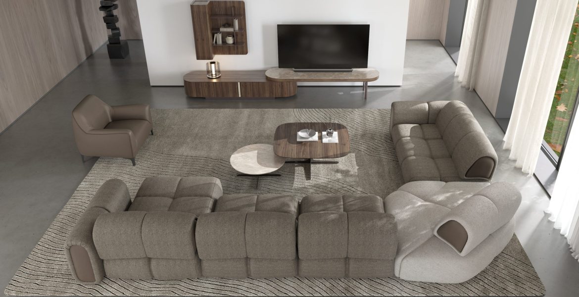 Large Buma corner sofa Set with textured upholstery.