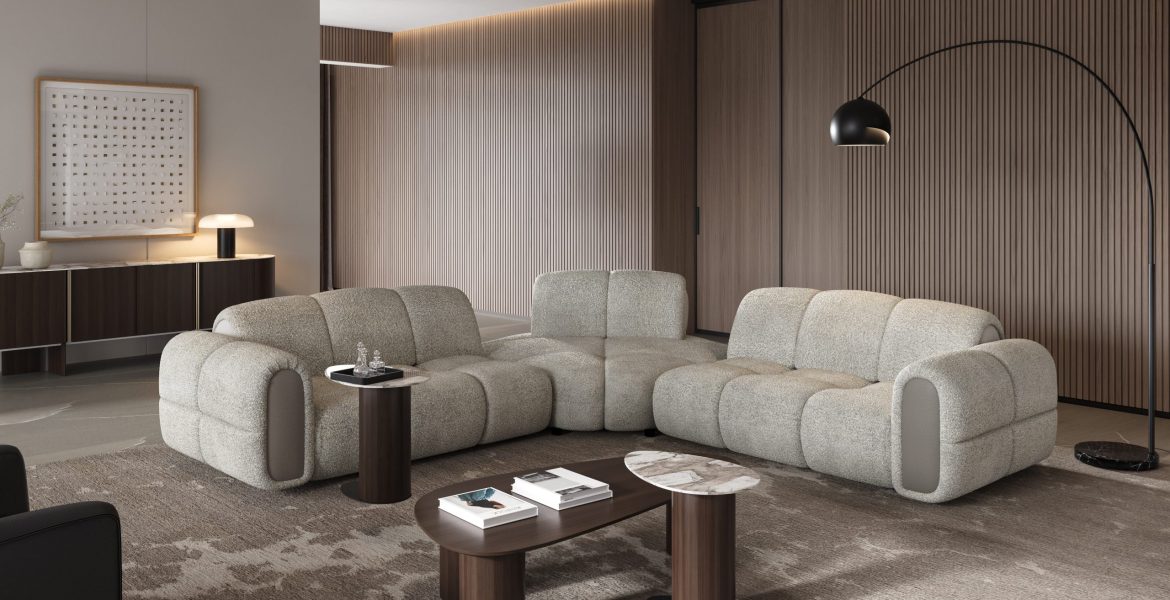 Corner sofa paired with wooden coffee tables.