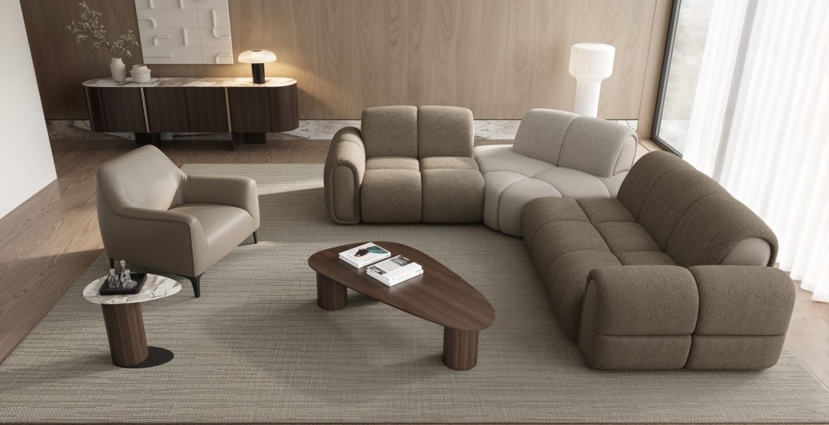 Soft upholstered sofa with rounded arms.