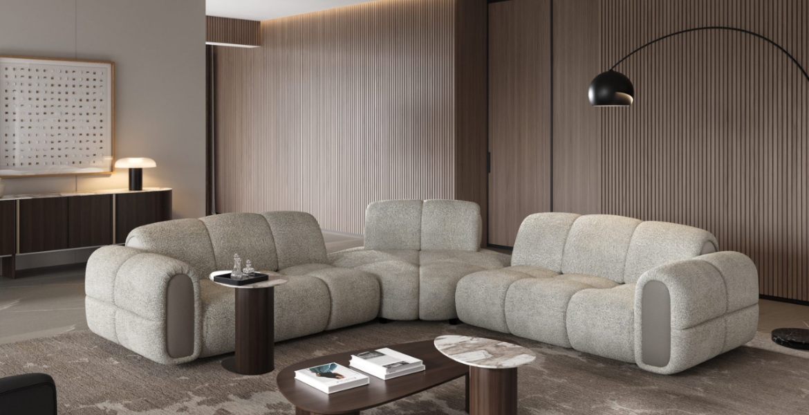 Buma Living Room Corner Sofa Set Furniture featuring corner sofa and coffee tables.