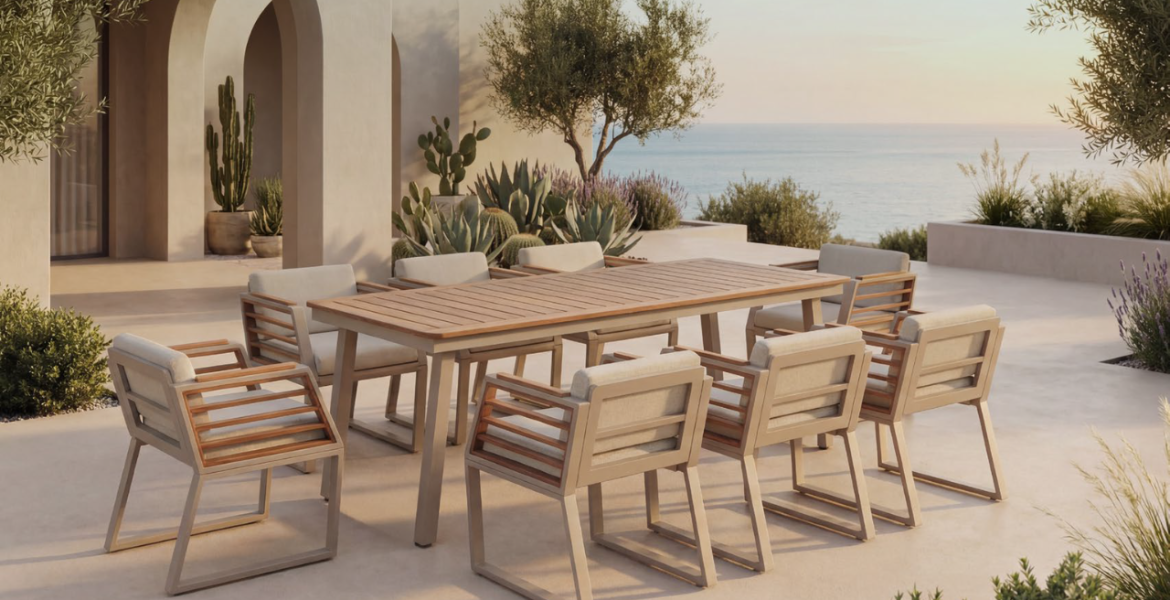 Luxury outdoor dining furniture on stone terrace