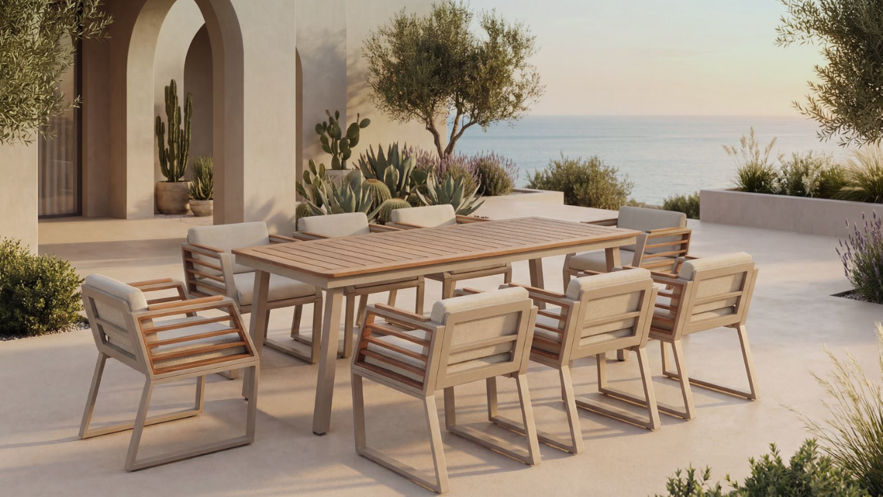 Luxury outdoor dining furniture on stone terrace