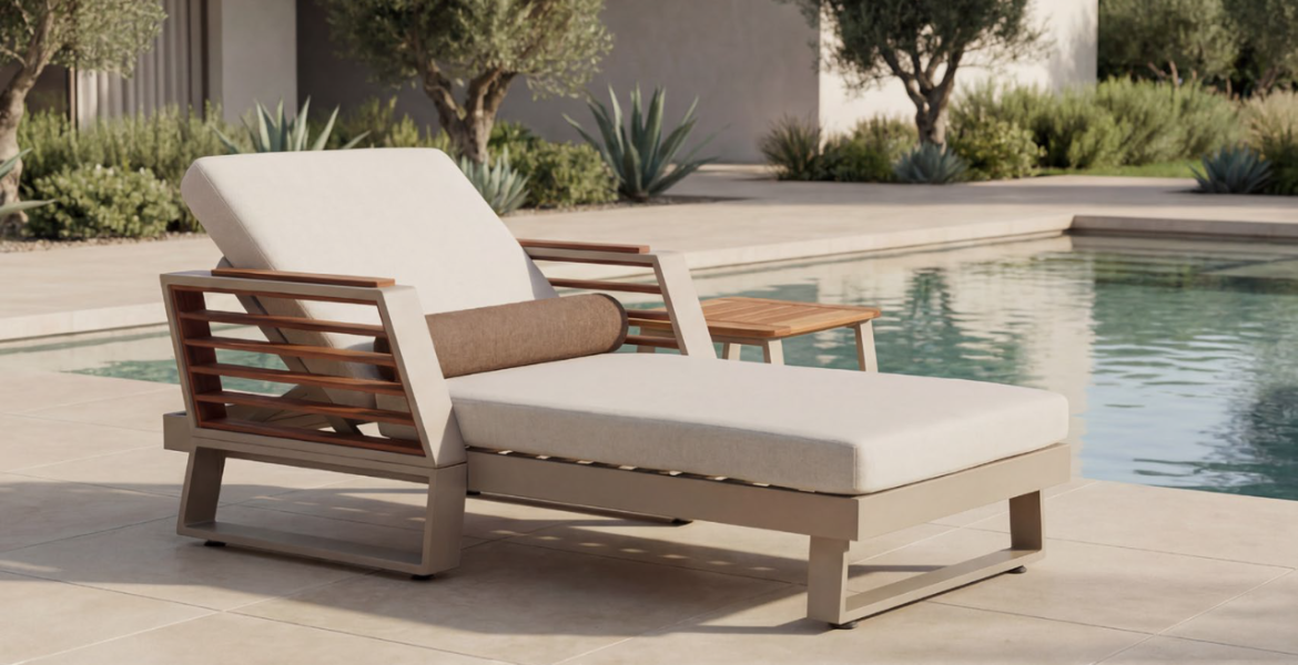 Luxury poolside sunbed surrounded by agave and olive trees