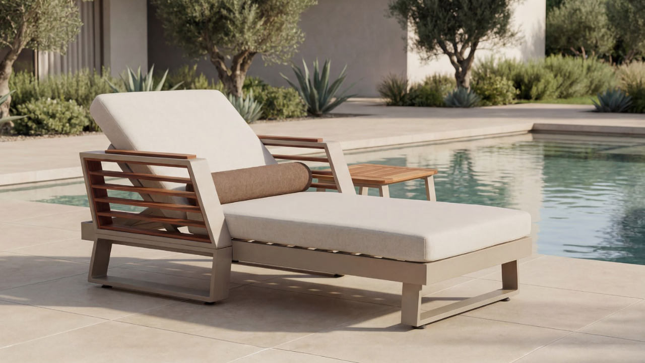 Luxury poolside sunbed surrounded by agave and olive trees