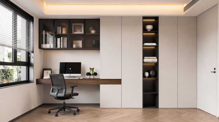 Custom study desk with wooden worktop and storage