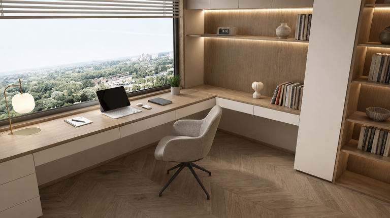 Wooden study desk designed for organized workspace custom L shape study desk- dubai