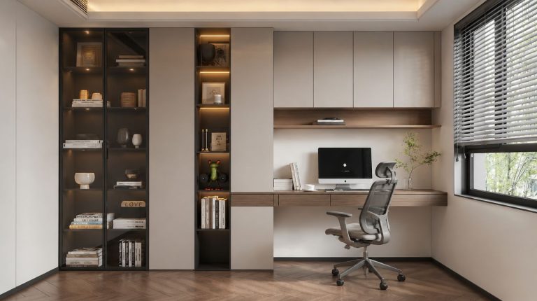 Custom study desk with wooden worktop and storage units
