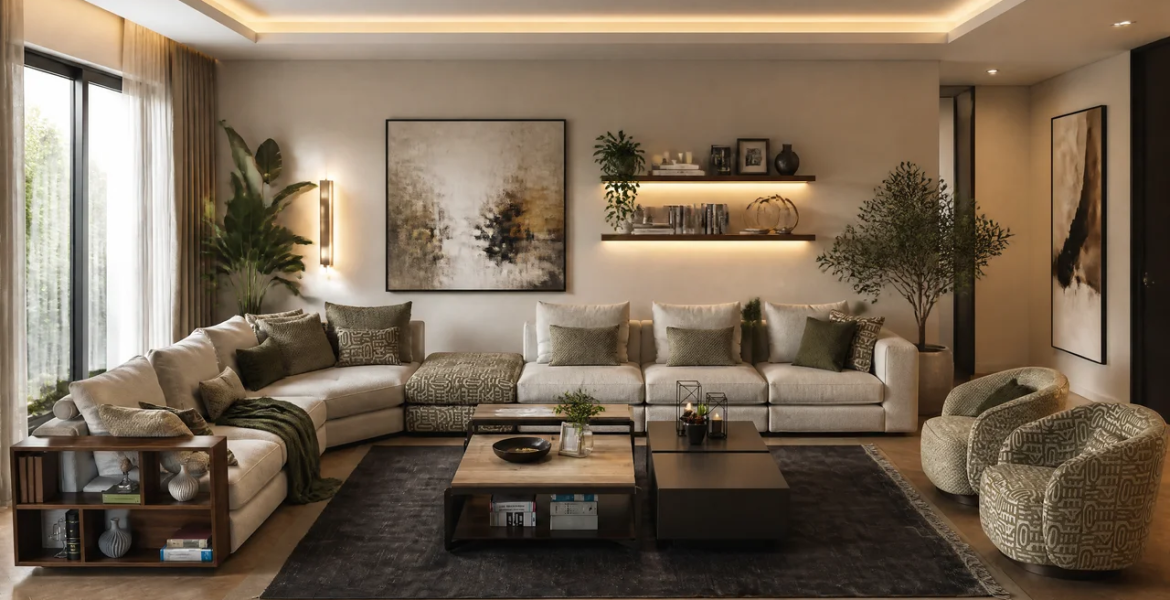 Beige corner sofa with modular design.