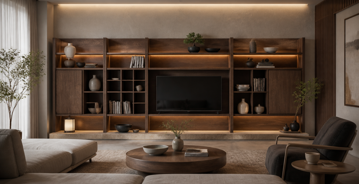 Edessa media console with shelving by Dimax furniture contractor
