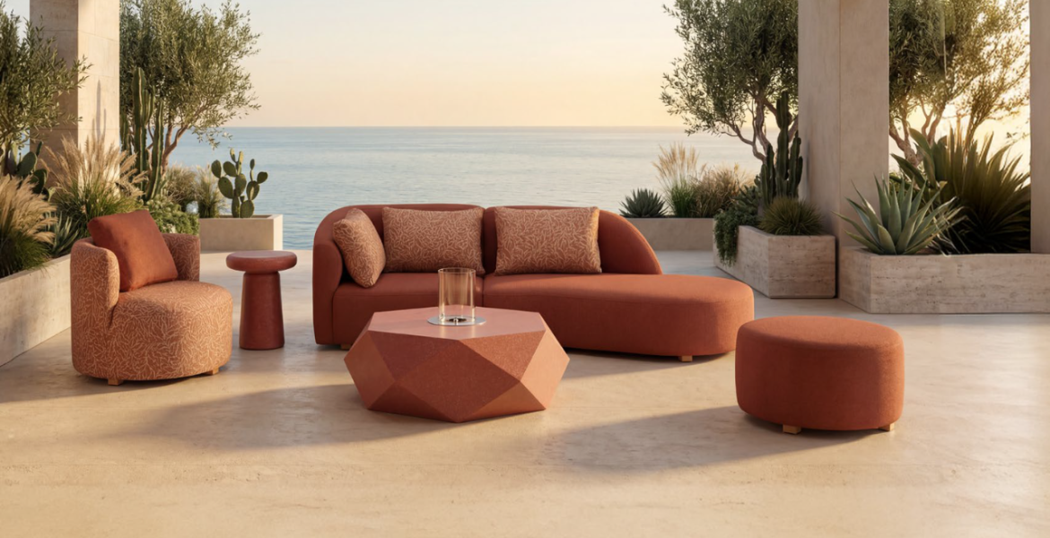 Terracotta outdoor sofa and armchair on a coastal patio