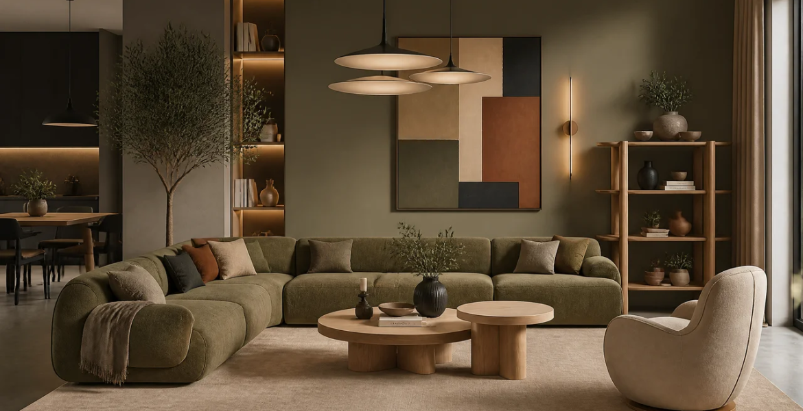 Olive‑green corner sofa with soft upholstery from FF&E contractor in Dubai