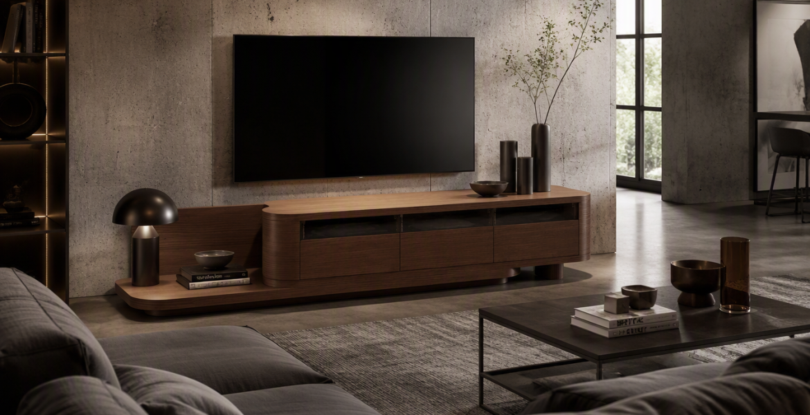 Rounded Luna TV unit crafted by Dimax FF&E contracting team