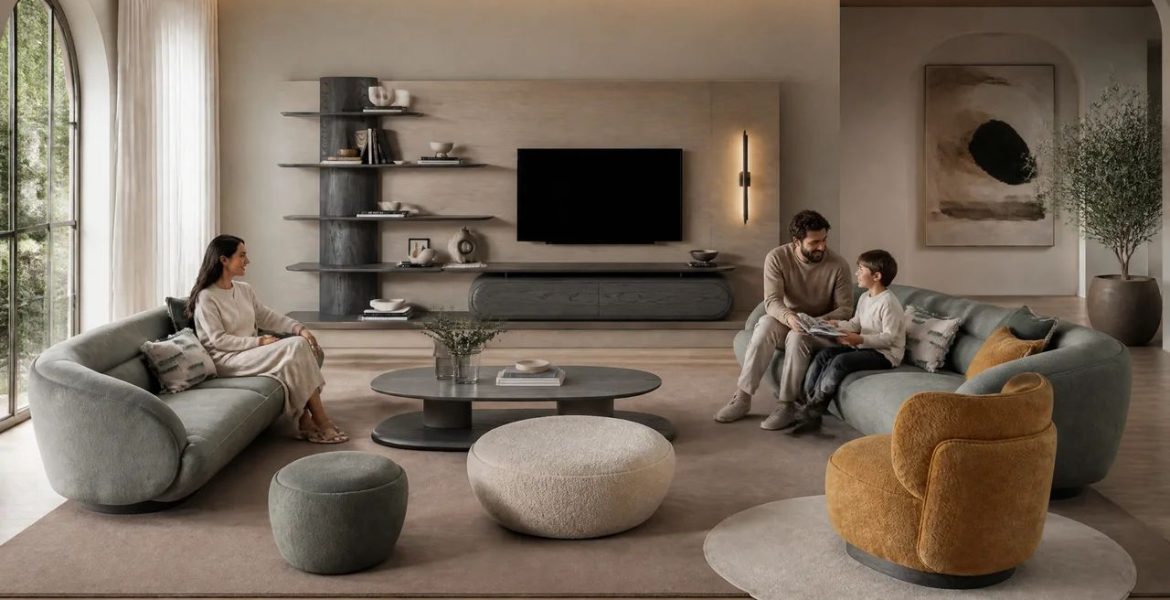 Curved beige sofa with soft upholstery.