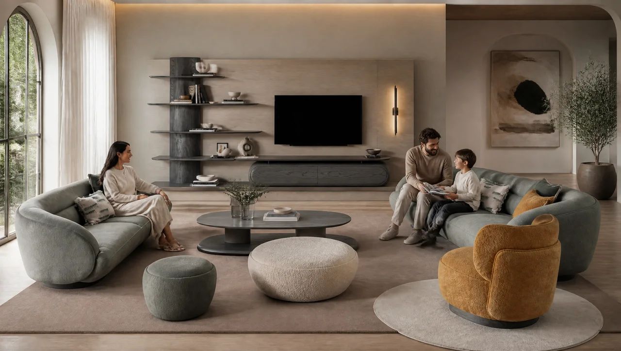 Curved beige sofa with soft upholstery.