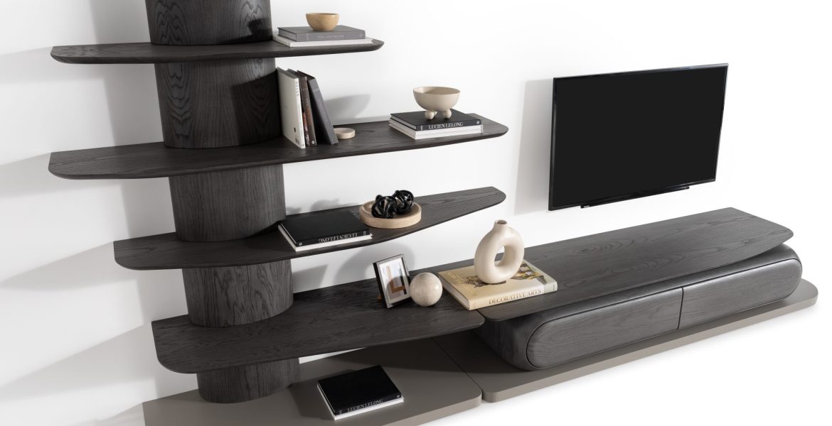 Dark wood modern TV unit with curved shelves.